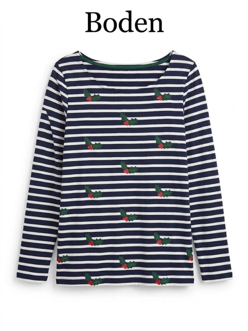 Boden Womenโs Navy & White Striped Holly Print Long-Sleeve Top Size 12 0284
